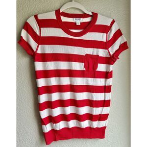 Old Navy Red White Striped Knit Top Small Petite Short Sleeve Pocket Preppy